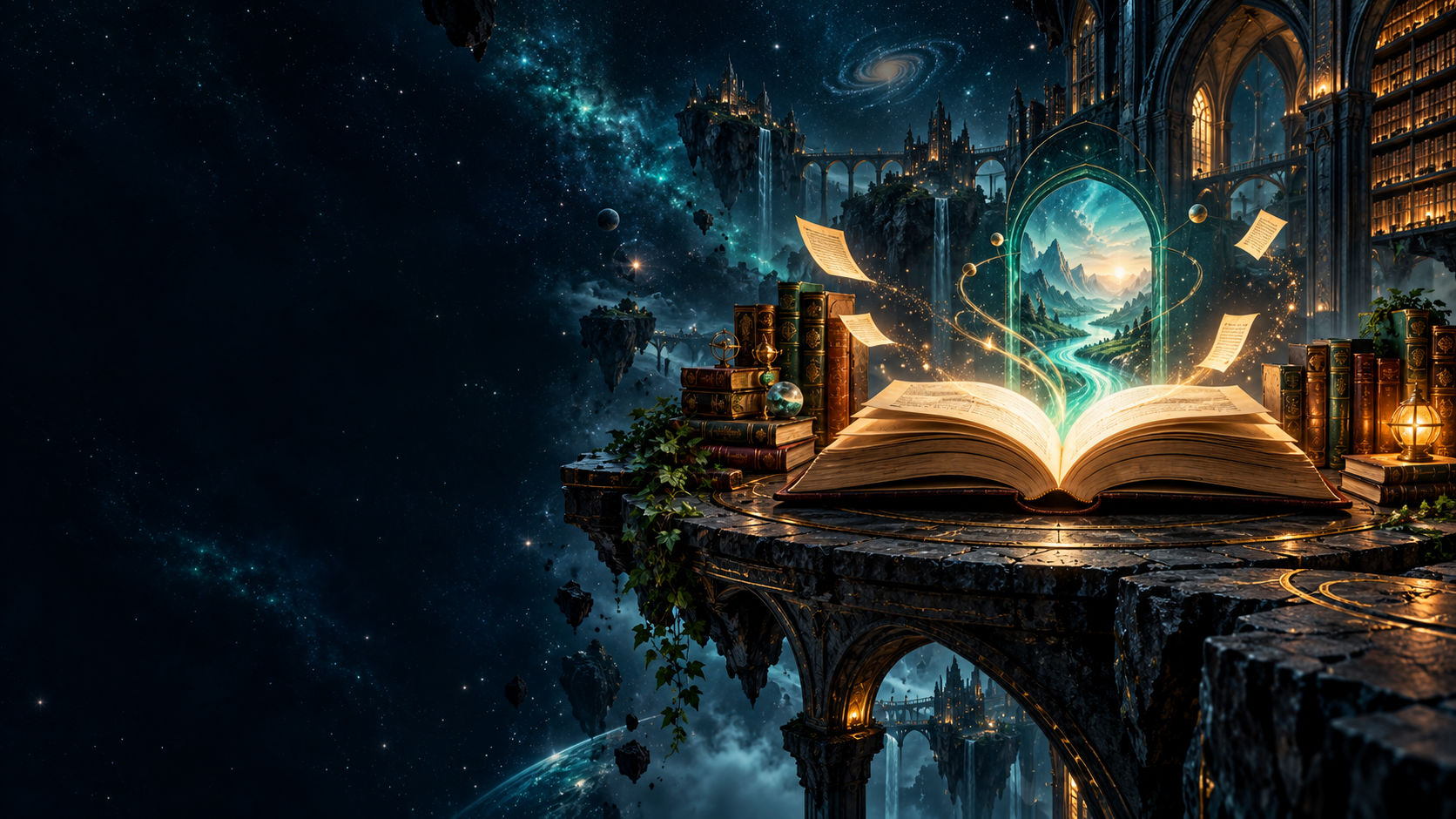 Um livro aberto ilumina um portal em uma biblioteca entre mundos